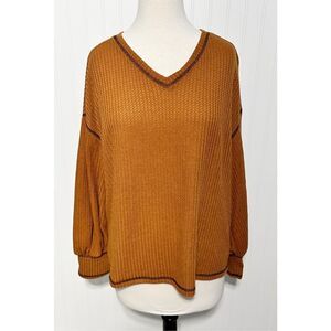 Shein Women's Waffle Knit V Neck Long Sleeve Curve Pullover Sweater Brown Sz 2XL